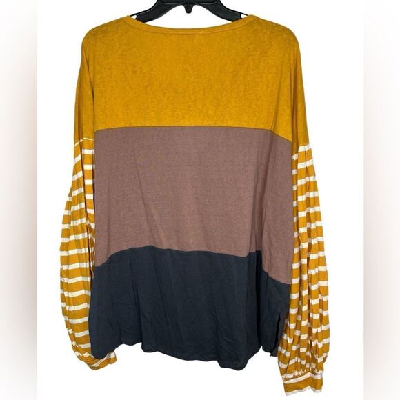 Umgee Yellow/Brown/Gray Long Puff Sleeve Color-block Striped Top 1XL - Picture 3 of 11